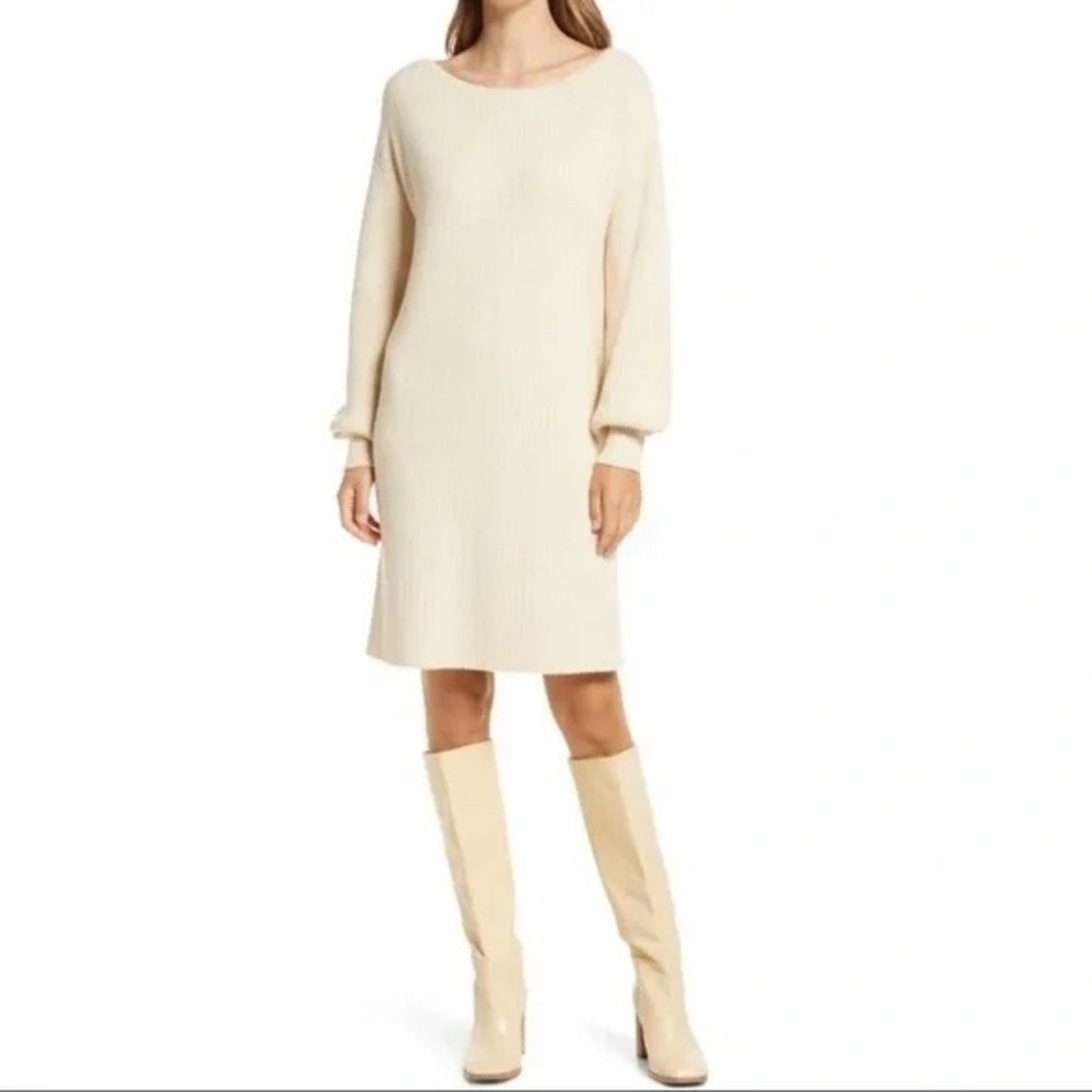 NWOT Halogen Oatmeal Beige Knit Boatneck Puff Sleeve Mini Sweater Dress, M